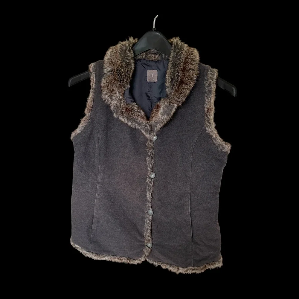 J. Jill Women Charcoal Gray Faux Fur Trim Button Front Vest Small 94181002‎